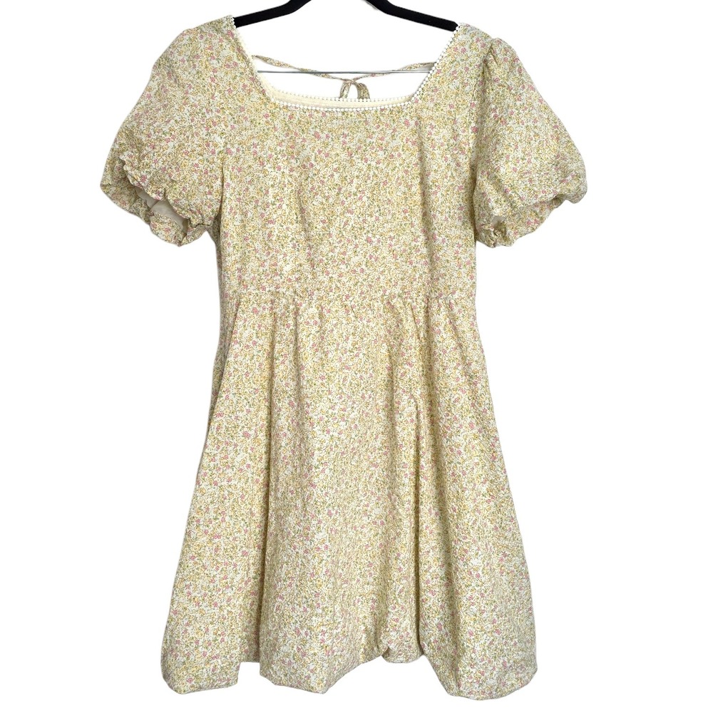 Seifini Yellow Ditsy Floral Cotton Bubble Hem Mini Fit & Flare Sundress US Small